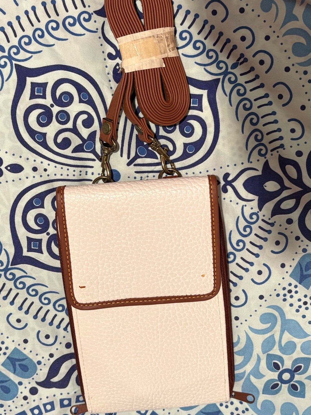 Women's Crossbody Phone Wallet Bag - Light Pink with Brown Trim